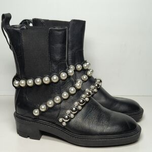 Zara Black chelsea pearl Studded Combat Boots w/ Chunky Sole woman size 6 EU 36